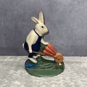 Vintage Cast Iron White Peter Rabbit with Wheelbarrow Doorstop Bookend Clean